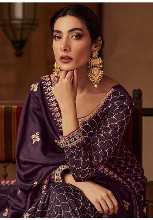 Purple Indian Pakistani Silk Long Palazzo Suit SFYS88904 - Siya Fashions