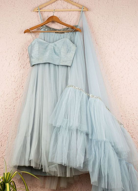 Aqua Blue Wedding Party Silk Layer Net Lehenga Set  INSPMAY427 - Siya Fashions