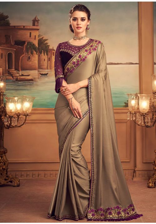 Beige Saree With Purple Blouse Evening Look Indian Saree SFSA250311 - Siya Fashions