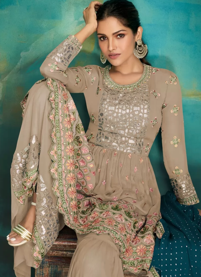 Beige Teal Pakistani Indian Palazzo Sarara Suit In Georgette FZ110995 - Siya Fashions
