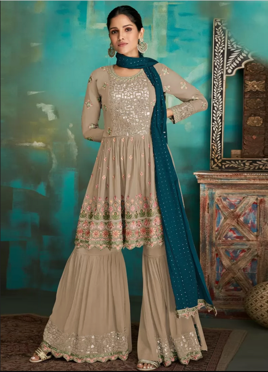 Beige Teal Pakistani Indian Palazzo Sarara Suit In Georgette FZ110995 - Siya Fashions