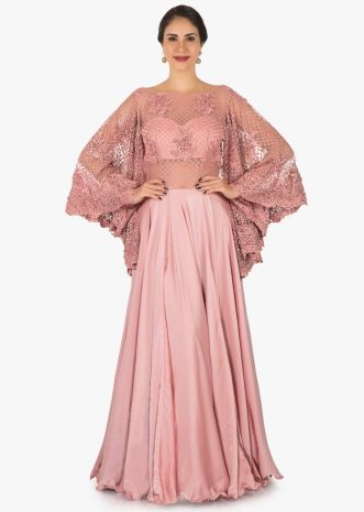 Bell Sleeves Style Satin Pink Lehenga Set SIYAEXL49 - Siya Fashions