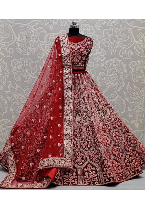 Berry Red Velvet Indian Bridal Lehenga Zircon Stone Work SFANJ1362 - Siya Fashions