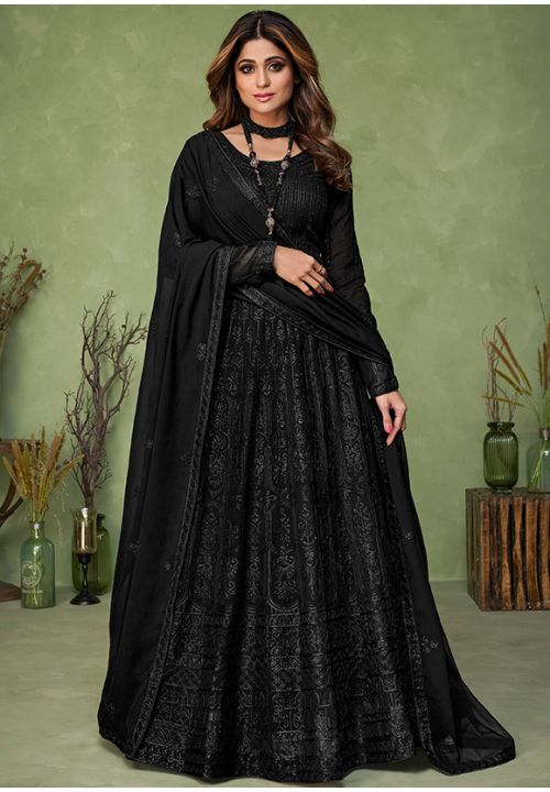 Black Bollywood Shamita Evening Wedding Gown In Georgette SFSA330705 - Siya Fashions