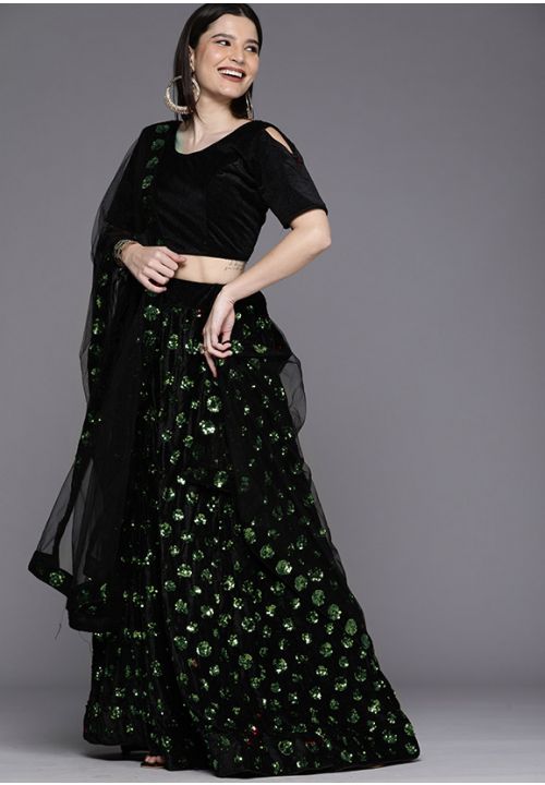 Black Green Velvet Indian Wedding Party Lehenga Choli SFSHV9401 - Siya Fashions
