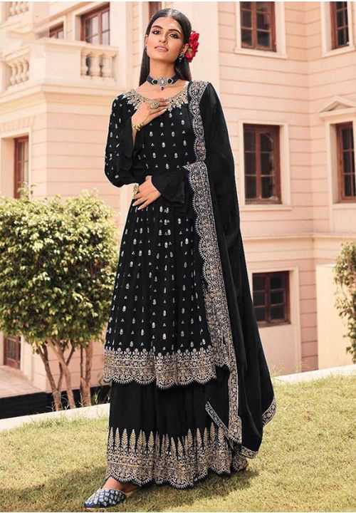 Black Indian Pakistani Georgette Party Palazzo Sarara Kameez SFDSIF8705 - Siya Fashions