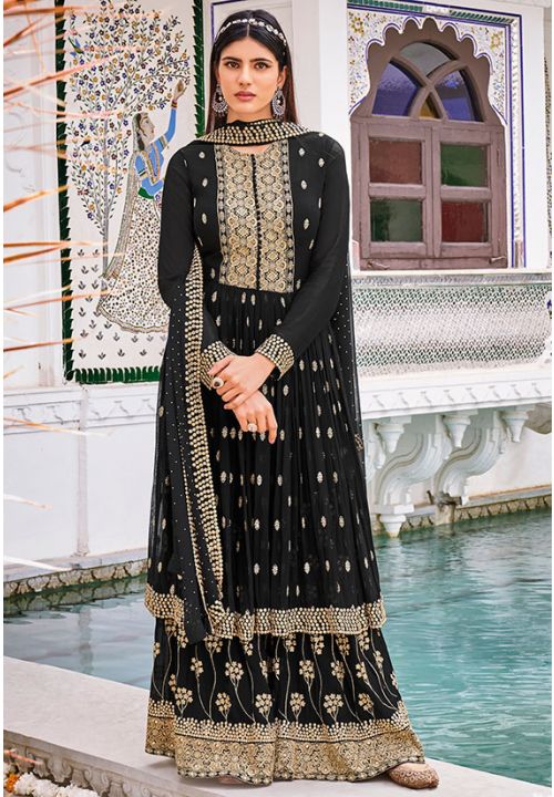 Black  Indian  Pakistani Wedding Palazzo Suit In Georgette SFPRF165506 - Siya Fashions