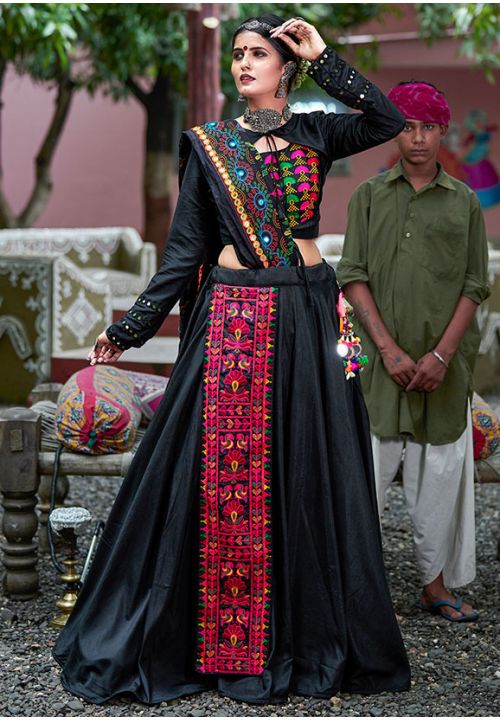 Black Resham Work Navaratri Silk Chaniya Choli SFKHU6002 - Siya Fashions