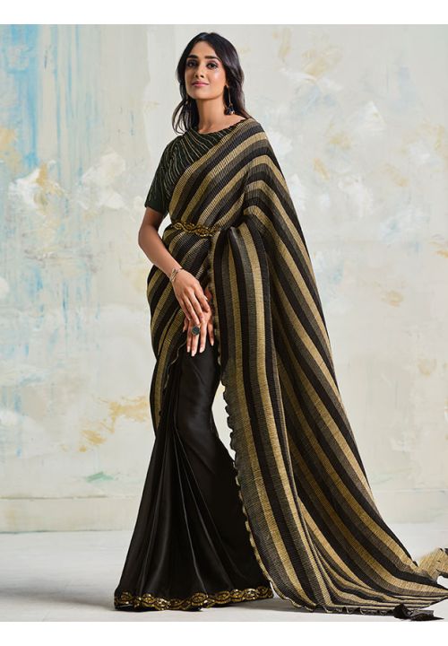 Black Satin Silk Evening Look Crushed Indian Saree SFDIW24203 - Siya Fashions