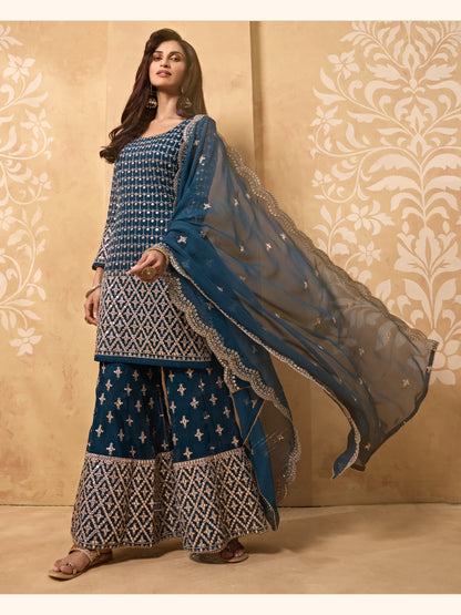 Blue Designer Palazzo Sharara Suit With Embroidery Work SYAL2020 - Siya Fashions