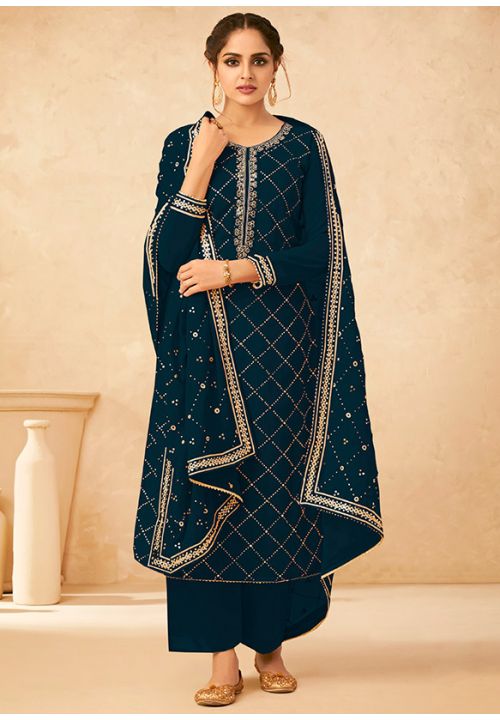 Blue Evening Indian Pakitani Palazzo Salwar Suit SFYS65606 - Siya Fashions