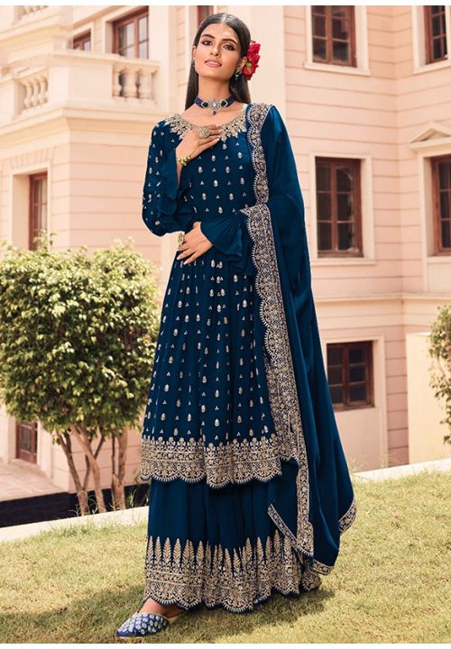 Blue Indian Pakistani Georgette Party Palazzo Sarara Kameez SFDSIF8701 - Siya Fashions