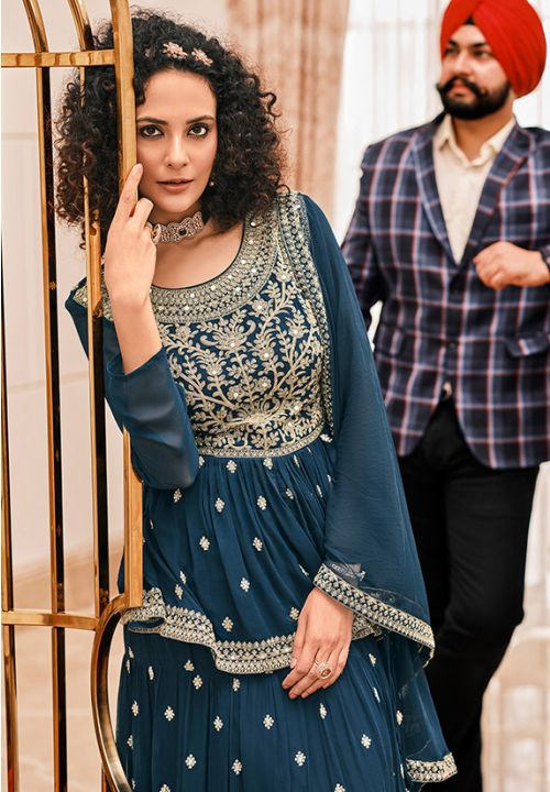 Blue Indian Palazzo Salwar Suit In Georgette  SFROY341302 - Siya Fashions