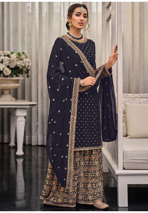 Blue Indian Wedding Georgette Palazzo Suit SFFK5803 - Siya Fashions
