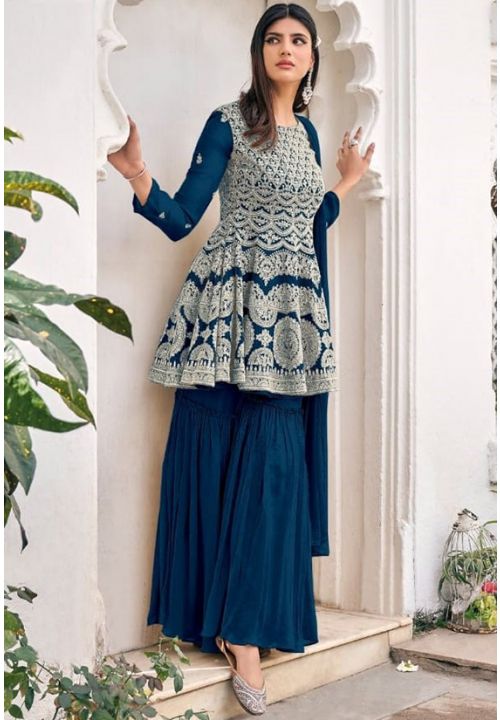 Blue Peplum Style Red Viscose Sharara Palazzo Suit SFDSIF5401C - Siya Fashions