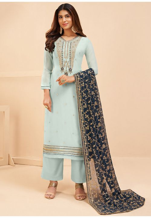 Blue Plus Size Sangeet Wedding Palazzo Suit  SFSA329802 - Siya Fashions