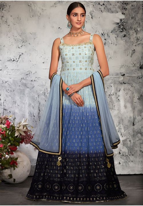 Blue Readymade Lucknowi Bridal Anarkali Gown SFKN60303R - Siya Fashions