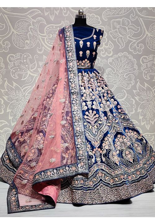 Blue Velvet Indian Bridal Lehenga Zircon Stone Work SFANJ1360 - Siya Fashions