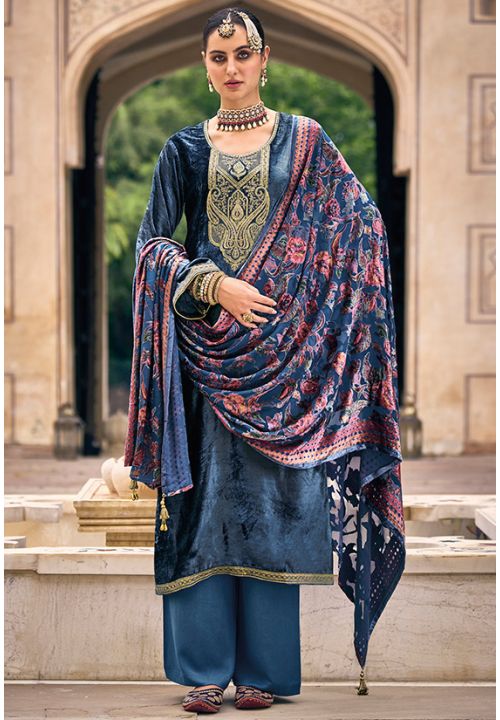 Blue Velvet Indian Sangeet Plus Size Palazzo Suit SFSTL22901 - Siya Fashions