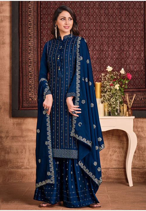 Blue Wedding Sangeet Palazzo Sharara Suit Silk Georgette SFYS65801 - Siya Fashions