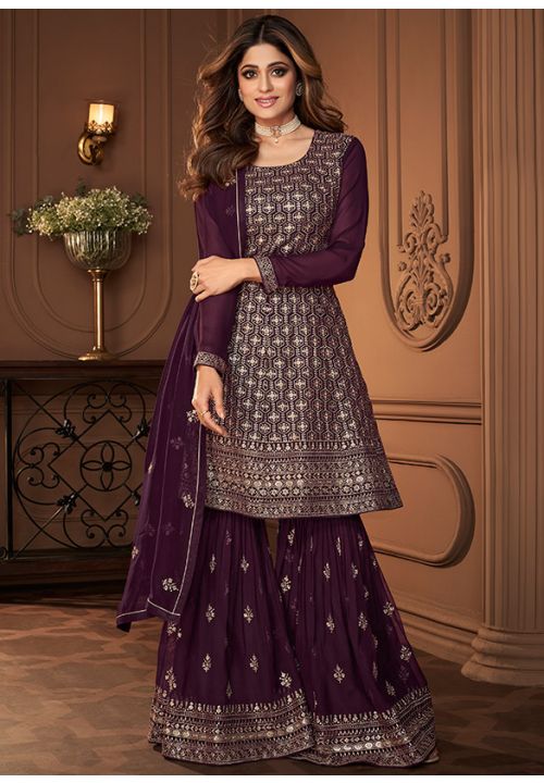 Bollywood Burgundy Wine Shamita Shetty Wedding Sharara Suit SFSA323304 - Siya Fashions