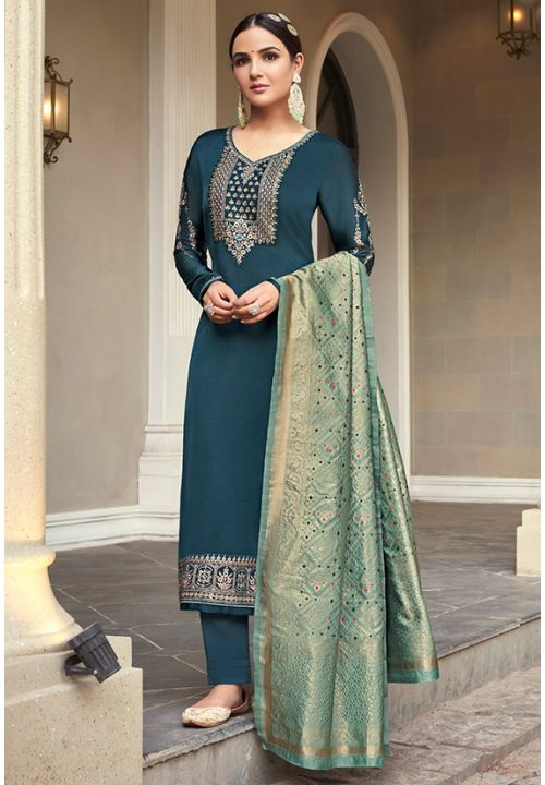 Bollywood Jasmin Blue Satin Plus Size Palazzo SFYS74706 - Siya Fashions