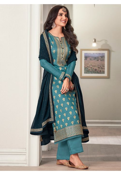 Bollywood Jasmin Teal Dola Silk Palazzo Suit SFYS78406 - Siya Fashions
