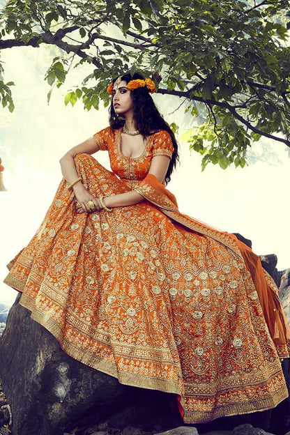 Orange Designer Kundan Work Indian Bridal Outfits Set - Siya Fashions