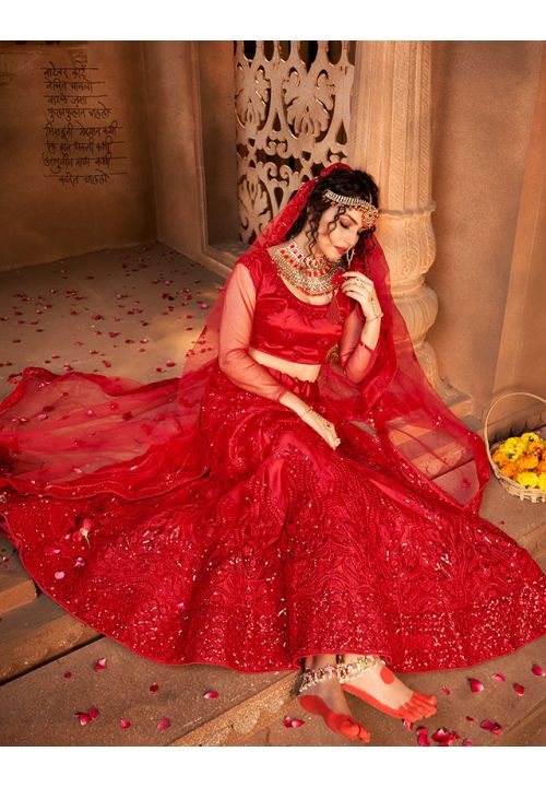 Bridal Red Wedding Lehenga Set In Net With Stones EXDSIF4001 - Siya Fashions