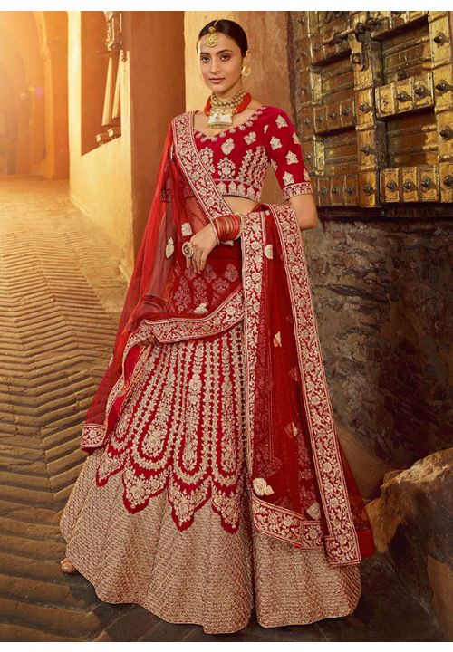 Bridal Wedding Pure Velvet Red Color Lehenga Choli SYD21575 - Siya Fashions