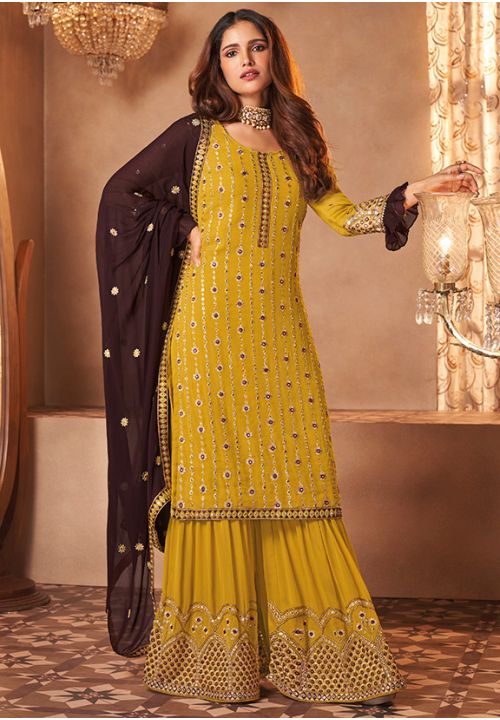Bridal Yellow Sangeet Party Sharara Suit In Georgette SFDSIF6503 - Siya Fashions