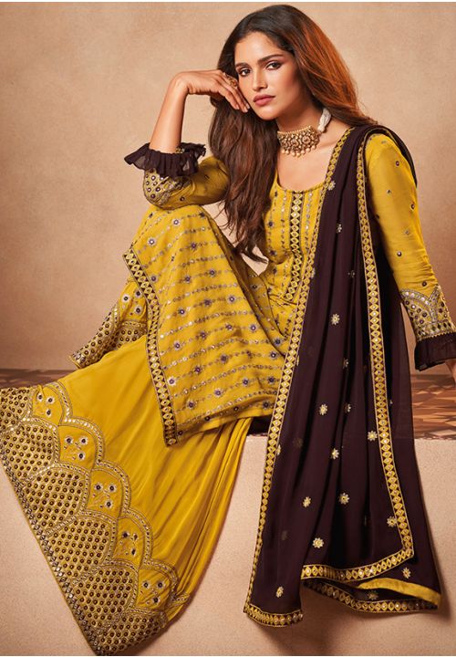 Bridal Yellow Sangeet Party Sharara Suit In Georgette SFDSIF6503 - Siya Fashions