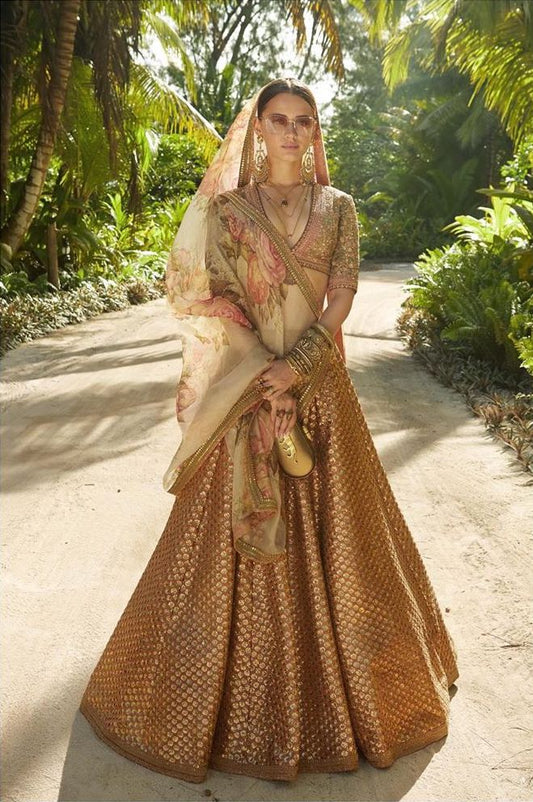 Bridal Gold Lehenga Choli Floral Dupatta Stone Top SIYA55IN - Siya Fashions