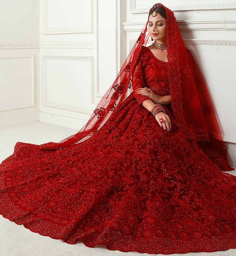 Bridal Hot Red Lehenga In Net Cut Work SFYS50503 - Siya Fashions
