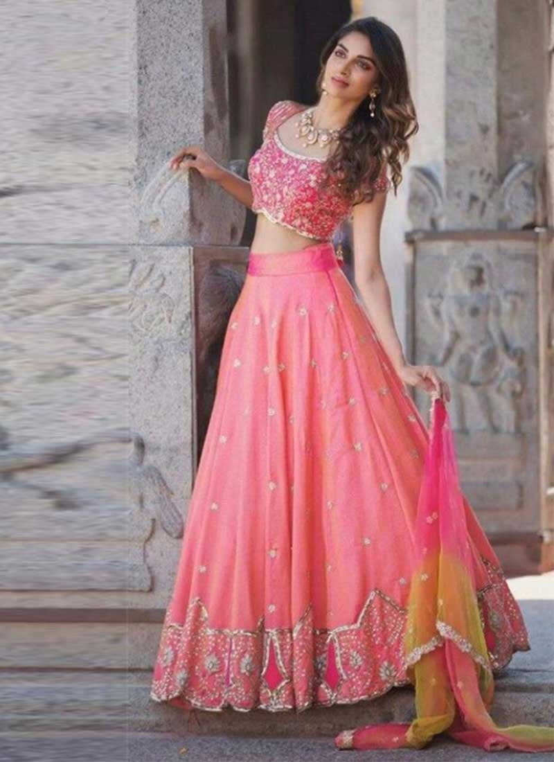 Bridal Wedding Pink Lehenga In Silk Motifs Sequin SFIN112 - Siya Fashions