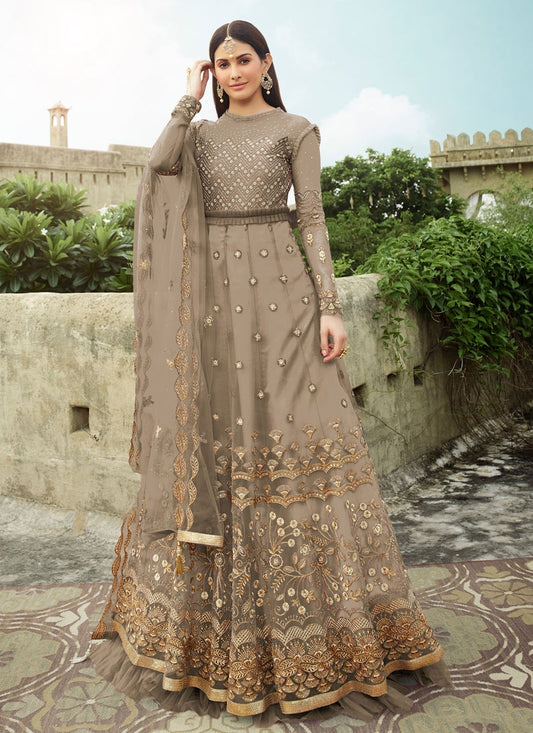 Brown Amyra Dastur Long Anarkali Evening Gown In Net FZSF100745 - Siya Fashions
