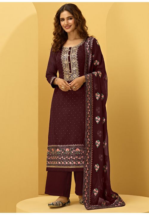 Brown Indian Pakistani Evening Palazzo Kameez SFSA284605 - Siya Fashions