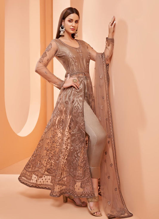 Brown Sangeet Bridal Anarkali Churidar Suit In Net SFZ104632 - Siya Fashions