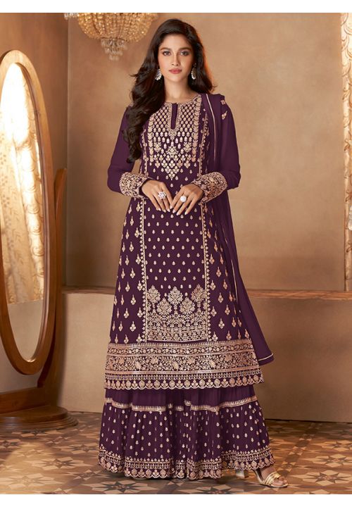 Burgundy Heavy Indian Pakistnai Wedding Palazzo Suit Georgette SFSA288103 - Siya Fashions