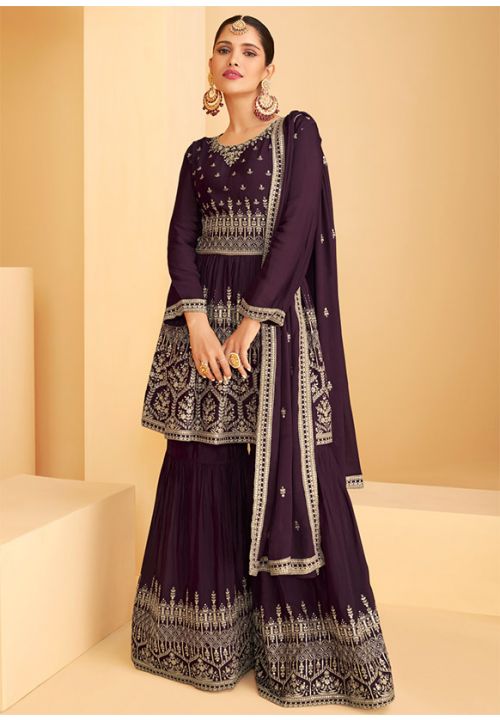 Burgundy Indian Pakistani Palazzo Suit In Chinon Chiffon SFYS76804 - Siya Fashions