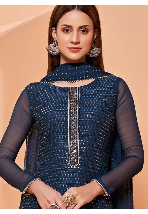 Buy Blue Plussize Palazzo Suit Sequin Work Georgette - Siya Fashions