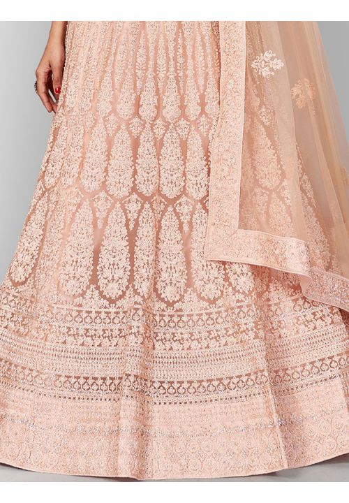 Buy Bridal Pastel Peach Net Lehenga Zarkan Work SFHST1002 - Siya Fashions
