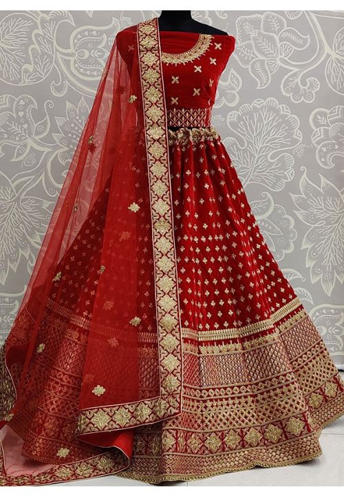 Buy Red Bridal Engagement  Velvet Lehenga SFANJ1279 - Siya Fashions