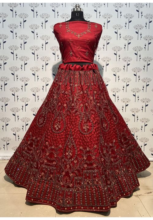 Buy Red Bridal Net Engagement Lehenga Sequin Work SFANB56402 - Siya Fashions