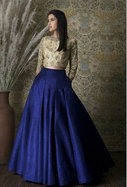 Buy Evening Royal Blue Lehenga With Gold Blouse SFIN320 - Siya Fashions