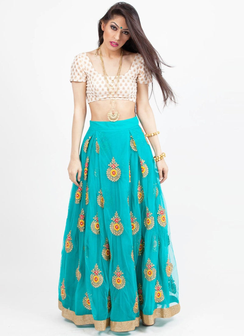 Buy Turquoise Net Fabric Crop Top Style Lehenga Skirt SF983 - Siya Fashions