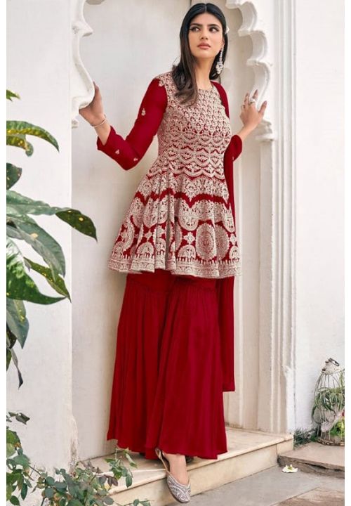 Cherry Peplum Style Red Viscose Sharara Palazzo Suit SFDSIF5401A - Siya Fashions