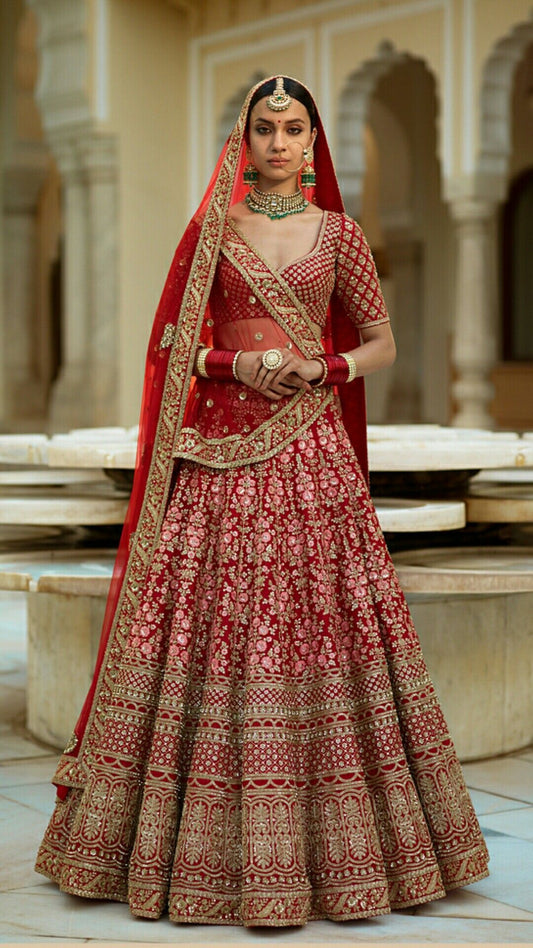 Customised Handcrafted Red Bridal Lehenga Choli Resham Work SF674SD - Siya Fashions