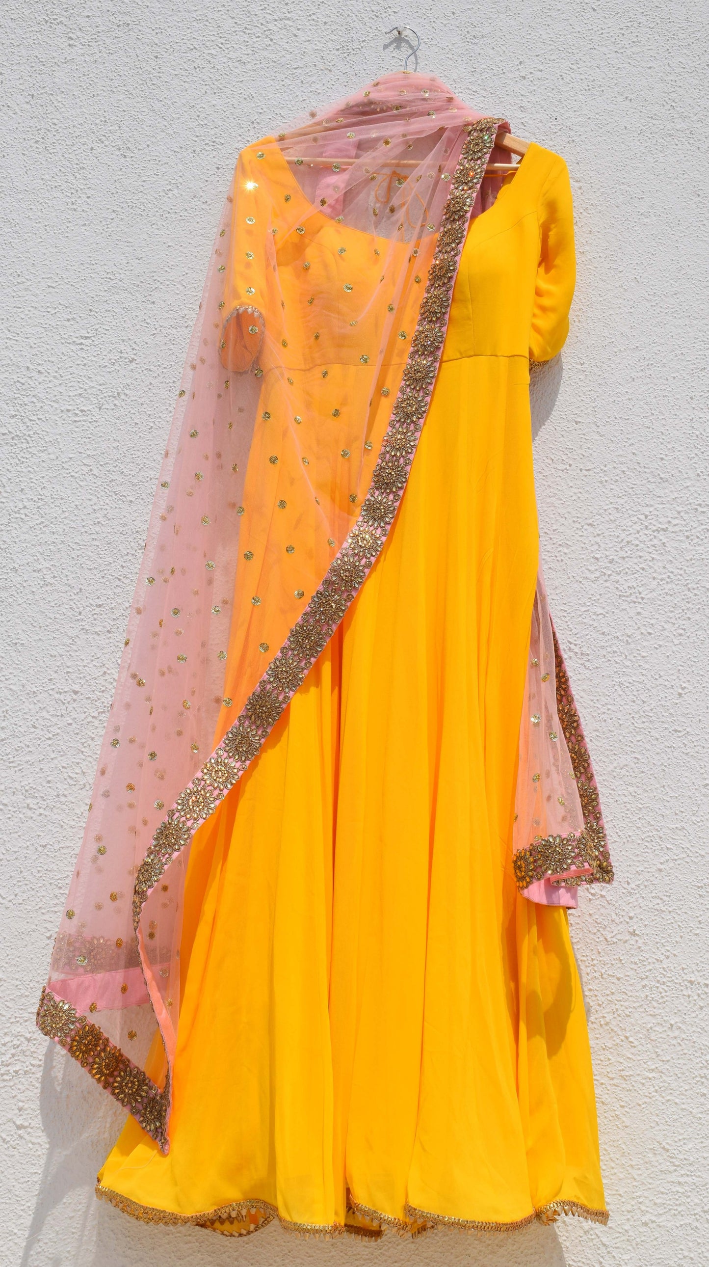 Delight Haldi Yellow Anarkali Wedding Suit With Pink Dupatta SFIN3209 - Siya Fashions