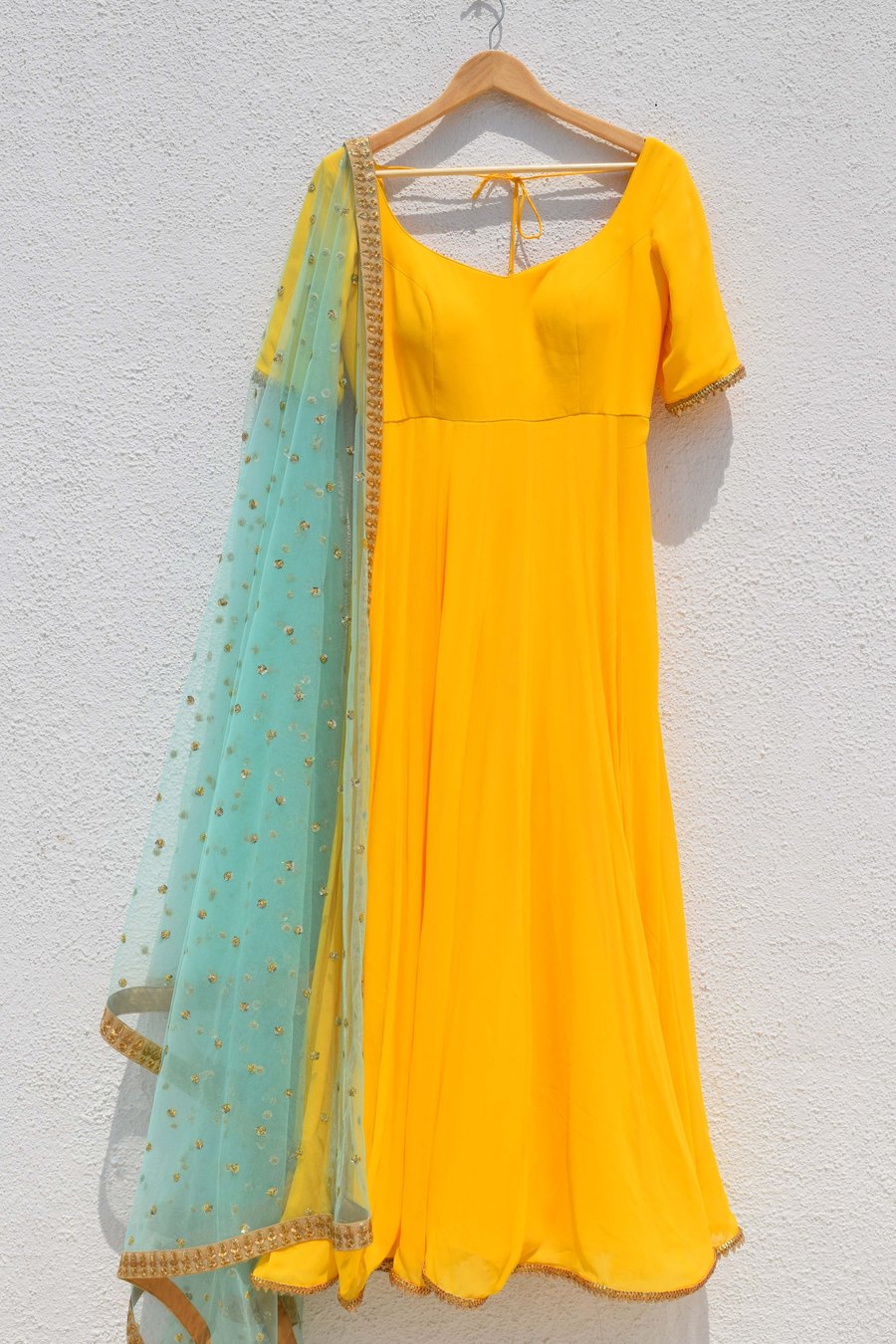 Delight Yellow Shaded Ice Blue Anarkali Wedding Suit SFIN3209 - Siya Fashions